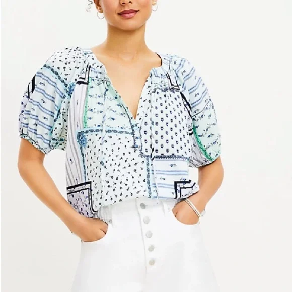 Loft Patchwork Tie Neck Puff Sleeve Top Sz XS Shirt ❤️🌞 - Picture 2 of 4
